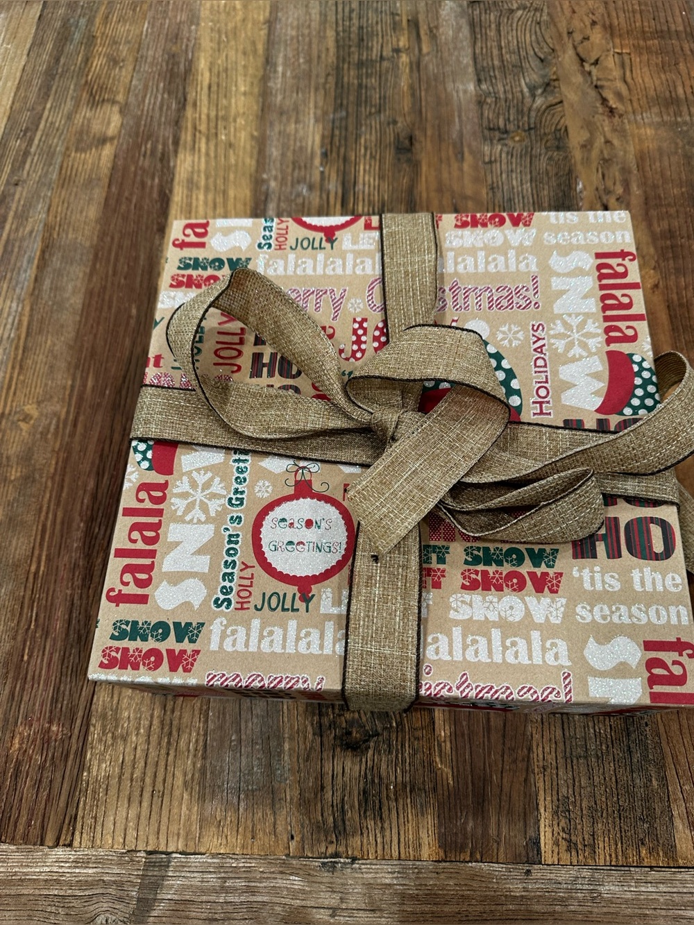 Festive 'Fa La La' Holiday Gift Box with Burlap Ribbon - Red & Green
